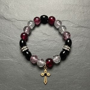 Elegant Black and Red Beaded Bracelet with Gold Cross Charm